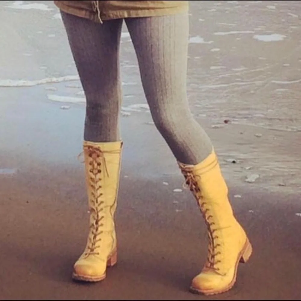 1960 VINTAGE Frye Campus Lug Lace Up Yellow Tan Banana Vintage Leather Tall Boot - Picture 2 of 15